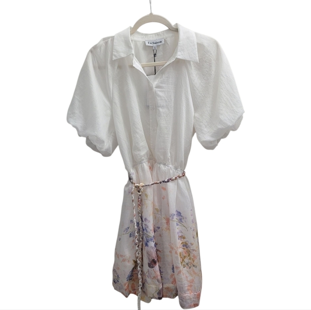 En Saison Taylorann Mini Dress Waist-Tie Bubble Sleeves Size Medium - Picture 6 of 14
